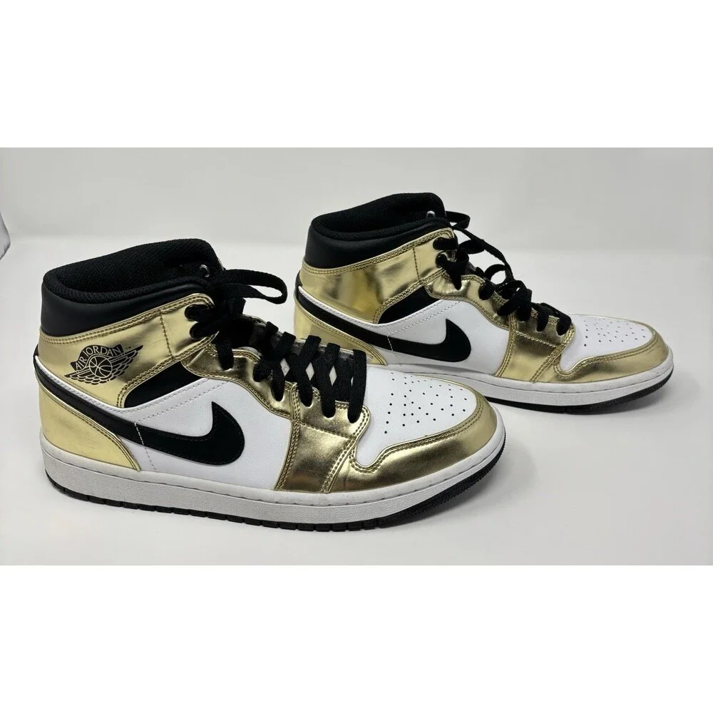 Jordan 1 Mid Metallic Shoes Gold Black White Mens Size 9 DC1419-700